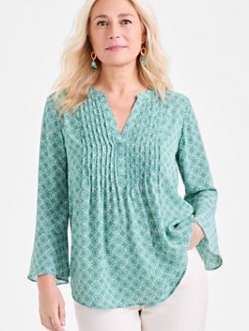 Style & Co Green Printes Pintuck Ruffle Sleeve Blouse